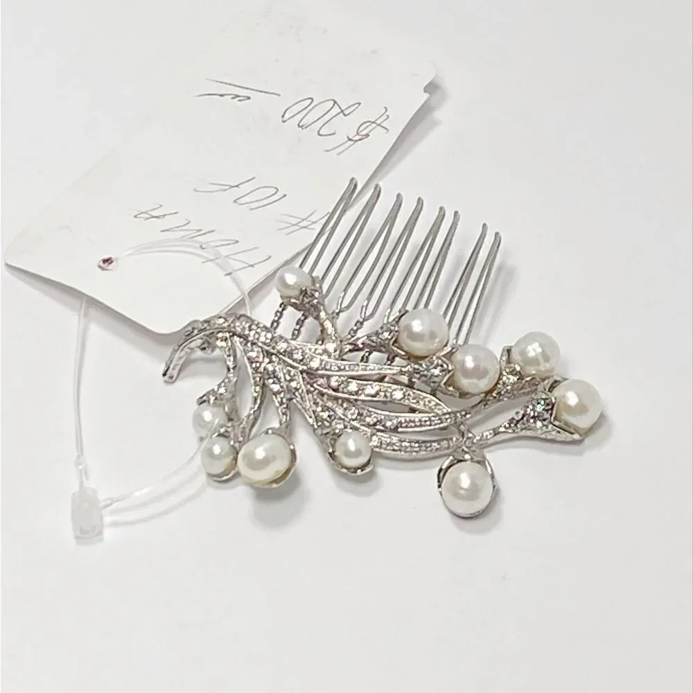 Homa Bridal Crystal and Pearl Silver Bridal Hair Comb Headpiece Hair Jewelry